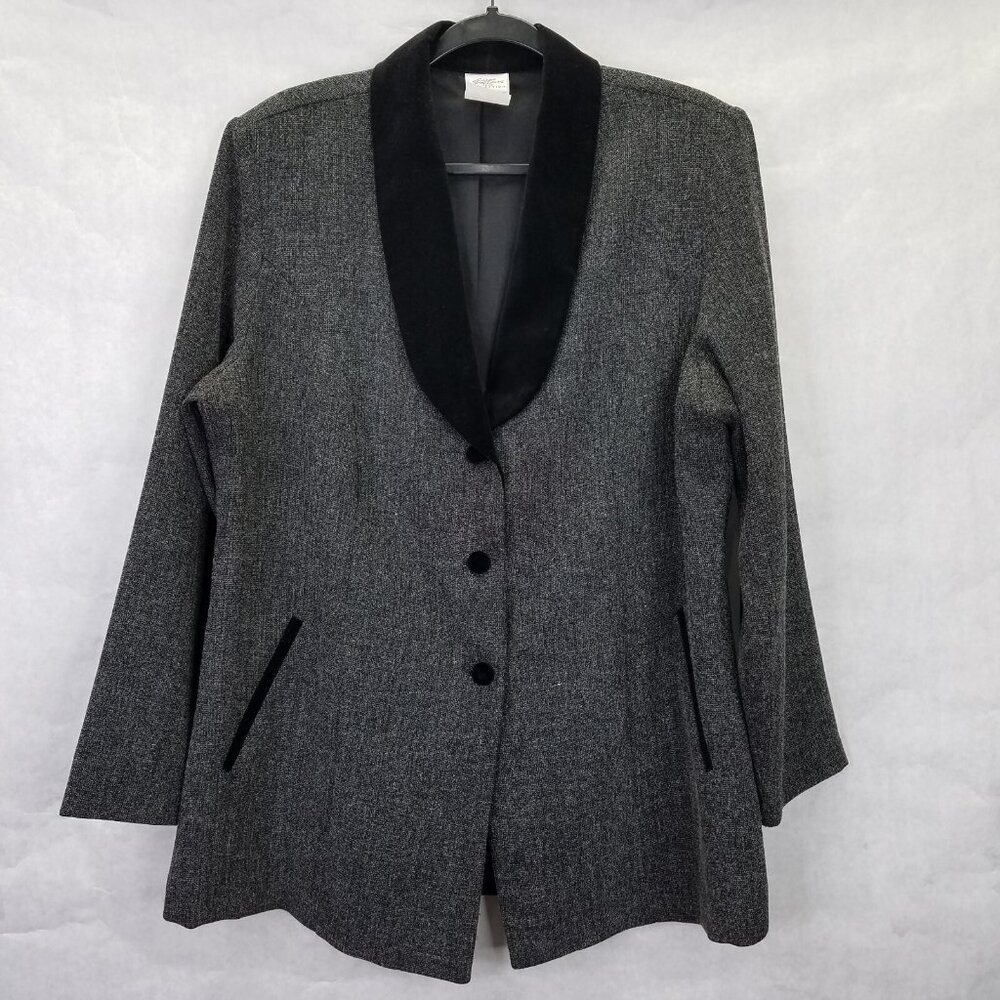 Giorgio Fiorlini Blazer Women's 16 Grey Tweed Black Velvet Collar Equestrian VTG